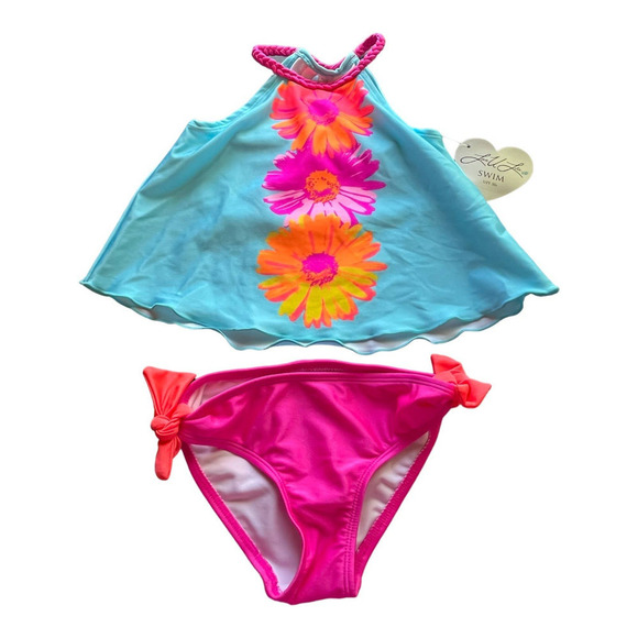 Love U LOTS NWT DAISY TANKINI WITH UPF 50+ AQUA AND PINK SET FOR GIRLS SIZE 4 - Picture 3 of 9